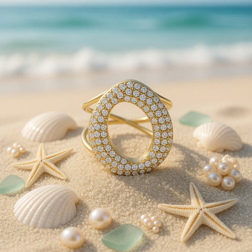 Bague Alma dorée ajustable en acier inoxydable avec ovale pavé de strass, bijou femme élégant et moderne